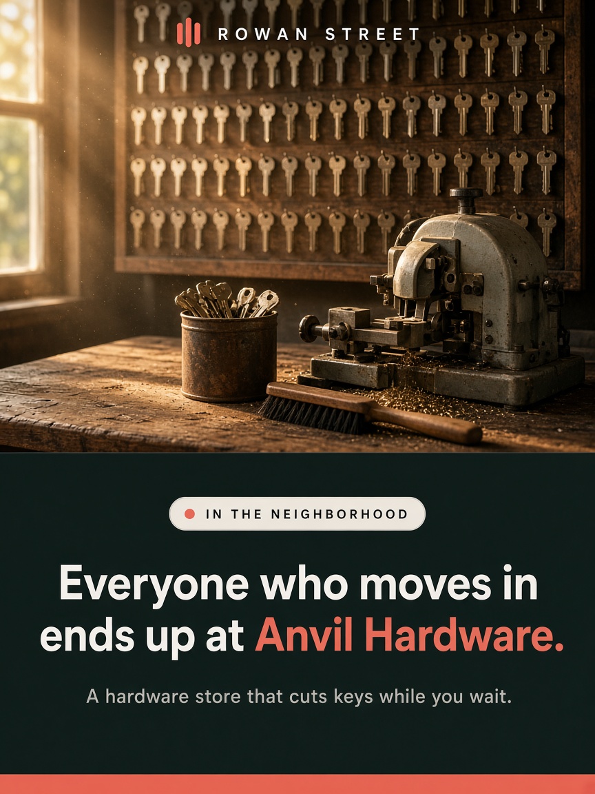 Rowan Street post: "Everyone who moves in ends up at Anvil Hardware.", a wall of blank keys above a hardware store cutting counter.