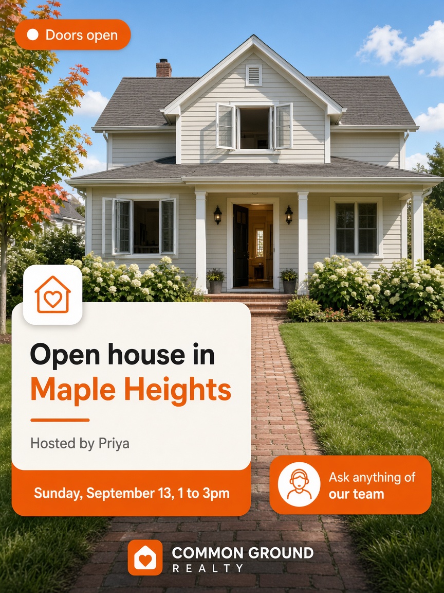 Common Ground Realty post: "Open house in Maple Heights", a clapboard house with its front door open above a Sunday date bar.