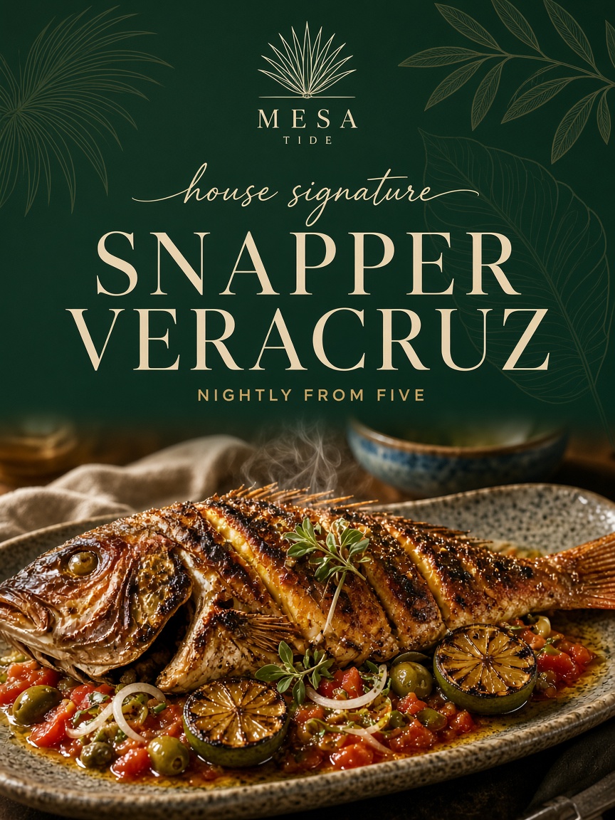 Mesa Tide post: "SNAPPER VERACRUZ", a whole roasted snapper in tomato and olive sauce on a long speckled platter.