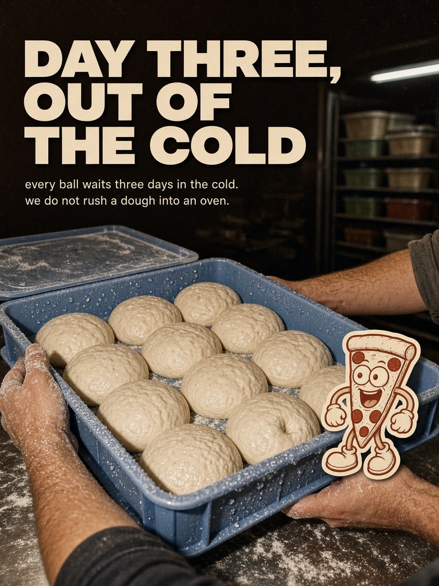 Ember Row post: "DAY THREE, OUT OF THE COLD", a tray of pale bubbled dough balls lifted out of the walk-in.