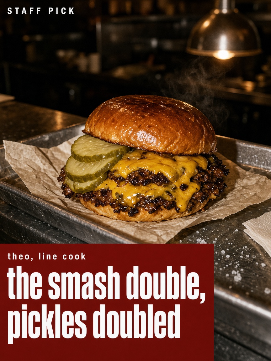 Copper Pin post: "the smash double, pickles doubled", a smash double burger with sagging cheddar on a steel tray.