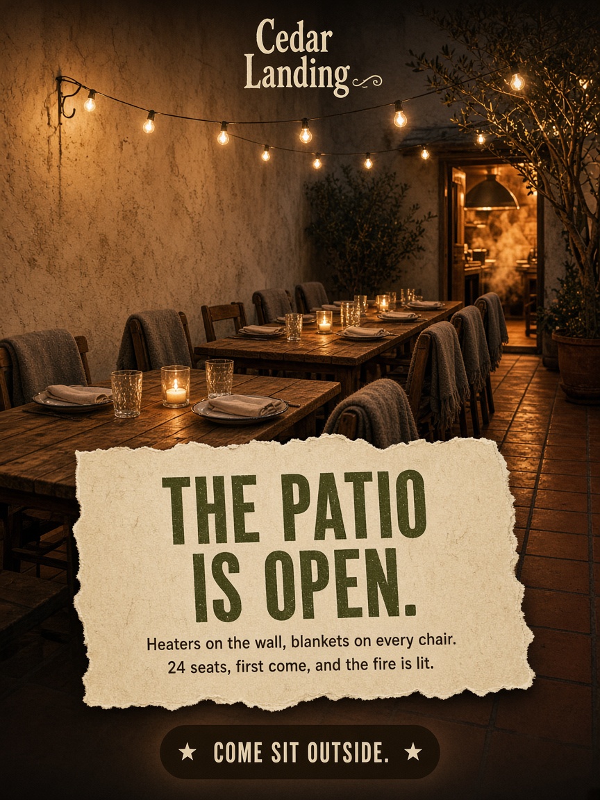 Cedar Landing post: "THE PATIO IS OPEN.", a candlelit courtyard patio set for dinner under a string of warm bulbs.