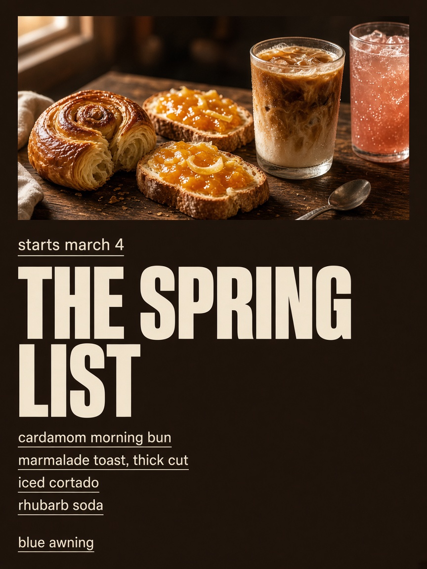 Blue Awning post: "THE SPRING LIST", a walnut counter with a cardamom bun, marmalade toast and an iced cortado.