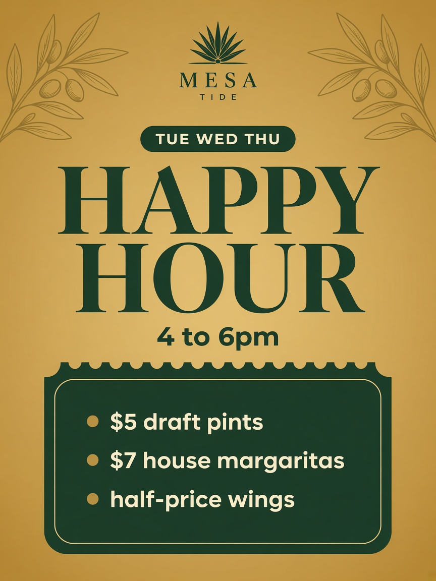 Mesa Tide post: "HAPPY HOUR", a gold card with the days, the hours and three deals on a dark green kitchen ticket board.