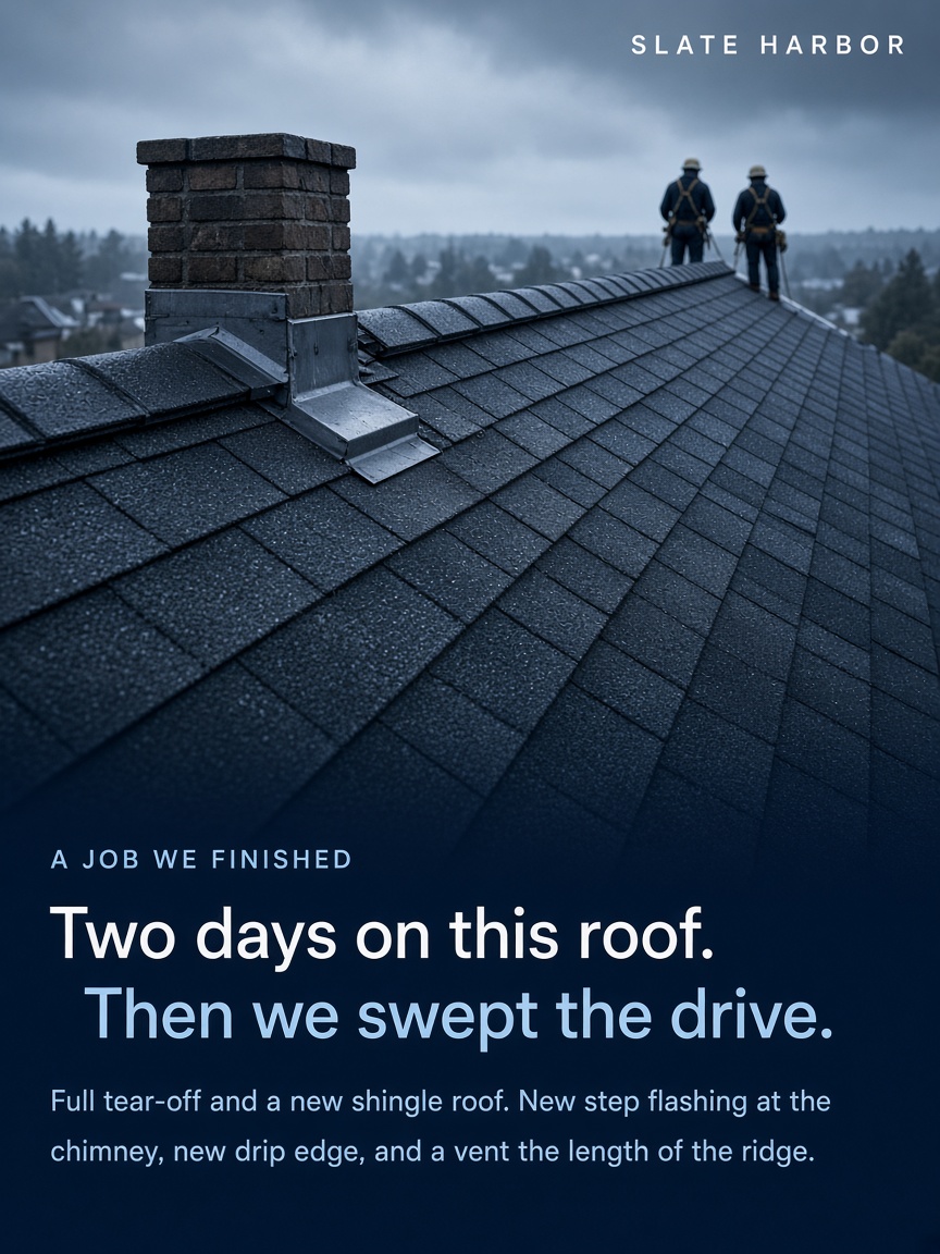 Slate Harbor post: "Two days on this roof.", two harnessed roofers standing on the ridge of a finished charcoal shingle roof under a cold overcast sky.