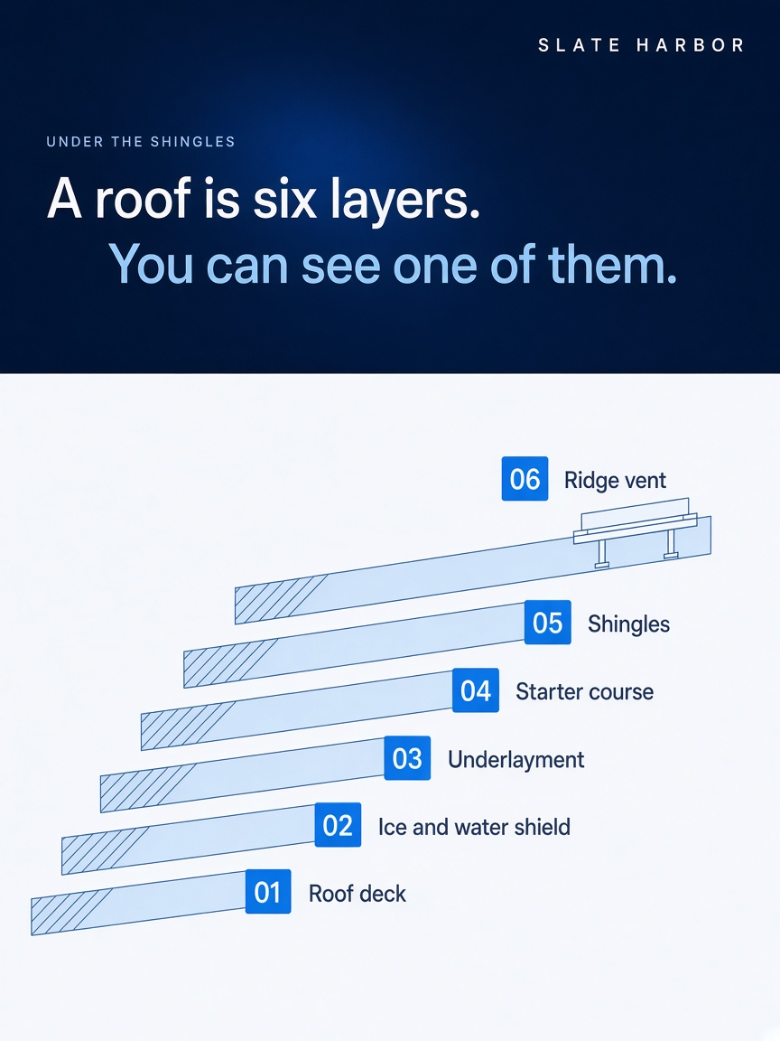 Slate Harbor post: "A roof is six layers.", a navy header over an off-white diagram of the six roof layers drawn as a numbered stepped stack.