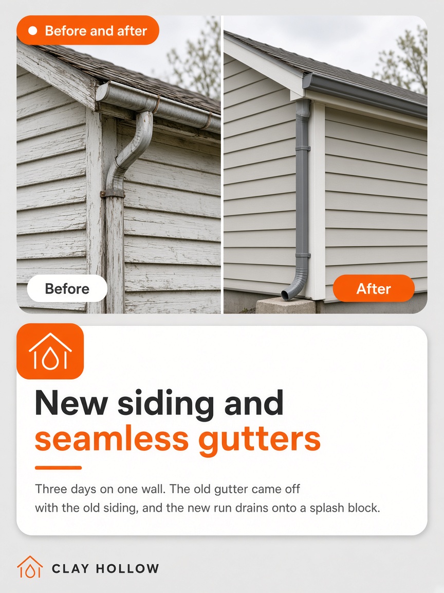 Clay Hollow post: "New siding and seamless gutters", the same gable wall photographed twice, faded siding beside new.