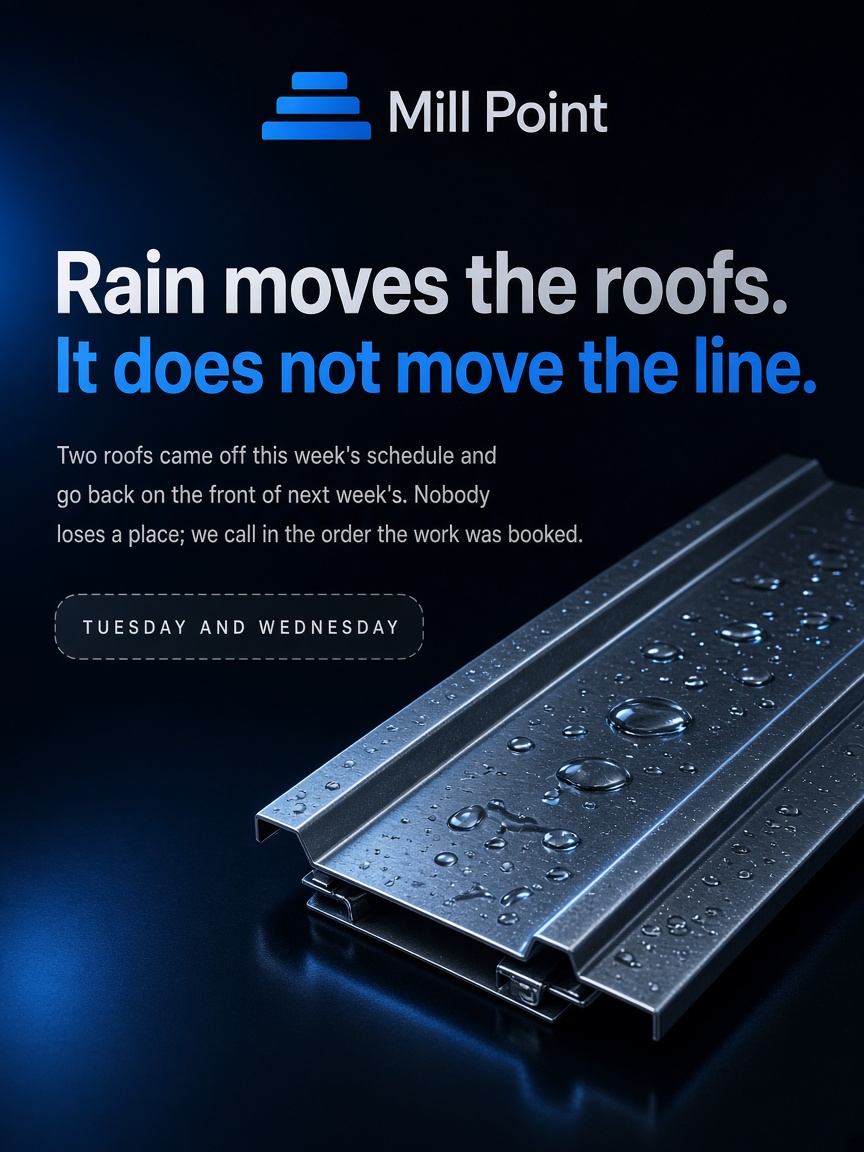 Mill Point post: "Rain moves the roofs.", a rain-beaded section of standing-seam metal panel on a dark studio stage.