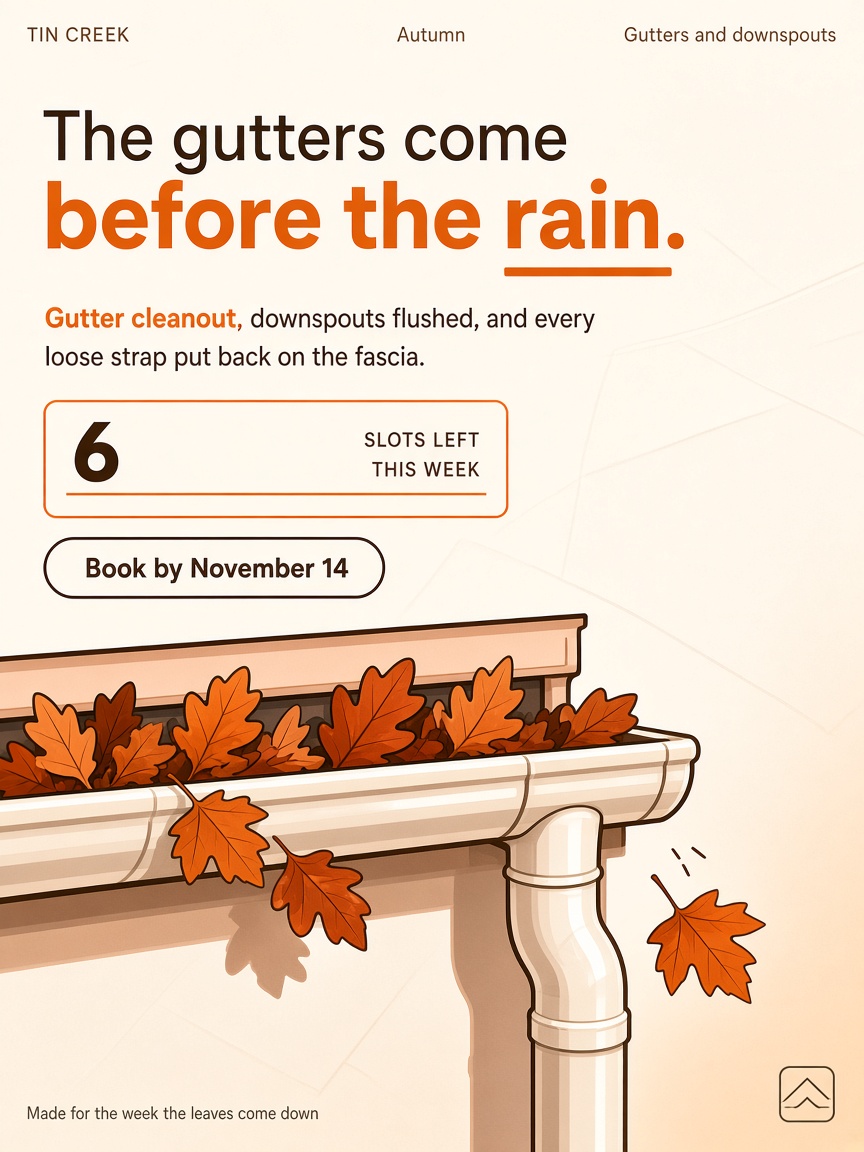 Tin Creek post: "The gutters come before the rain.", an illustrated run of gutter heaped with dry leaves above a downspout.