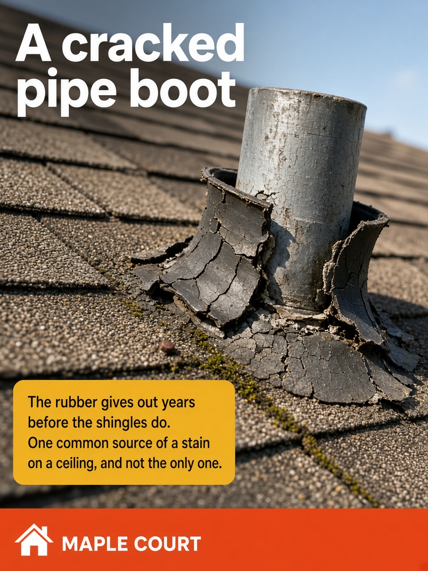 Maple Court post: "A cracked pipe boot", a split rubber collar around a vent pipe on a shingled roof in bright daylight.