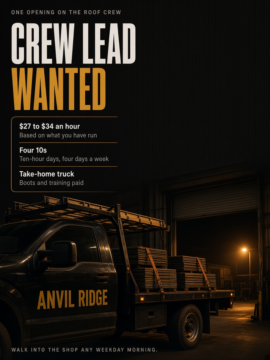 Anvil Ridge post: "CREW LEAD WANTED", a shingle-loaded flatbed truck in a shop bay under a black and yellow hiring card.