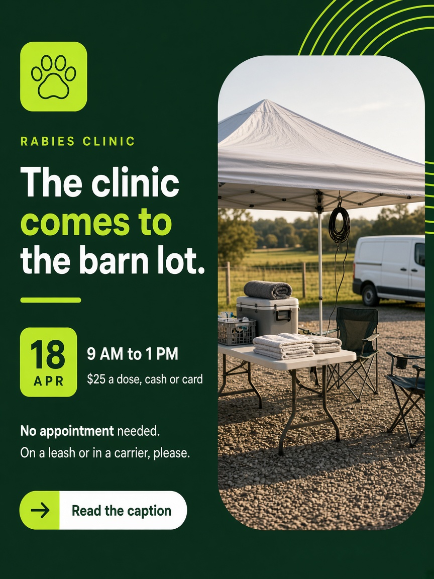 Cedar Gate post: "The clinic comes to the barn lot.", a folding table and coolers under a white canopy at the edge of a gravel barn lot.