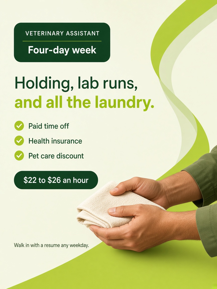 Fern Hollow post: "Holding, lab runs, and all the laundry.", a pair of hands in olive scrub cuffs holding a folded cream towel.