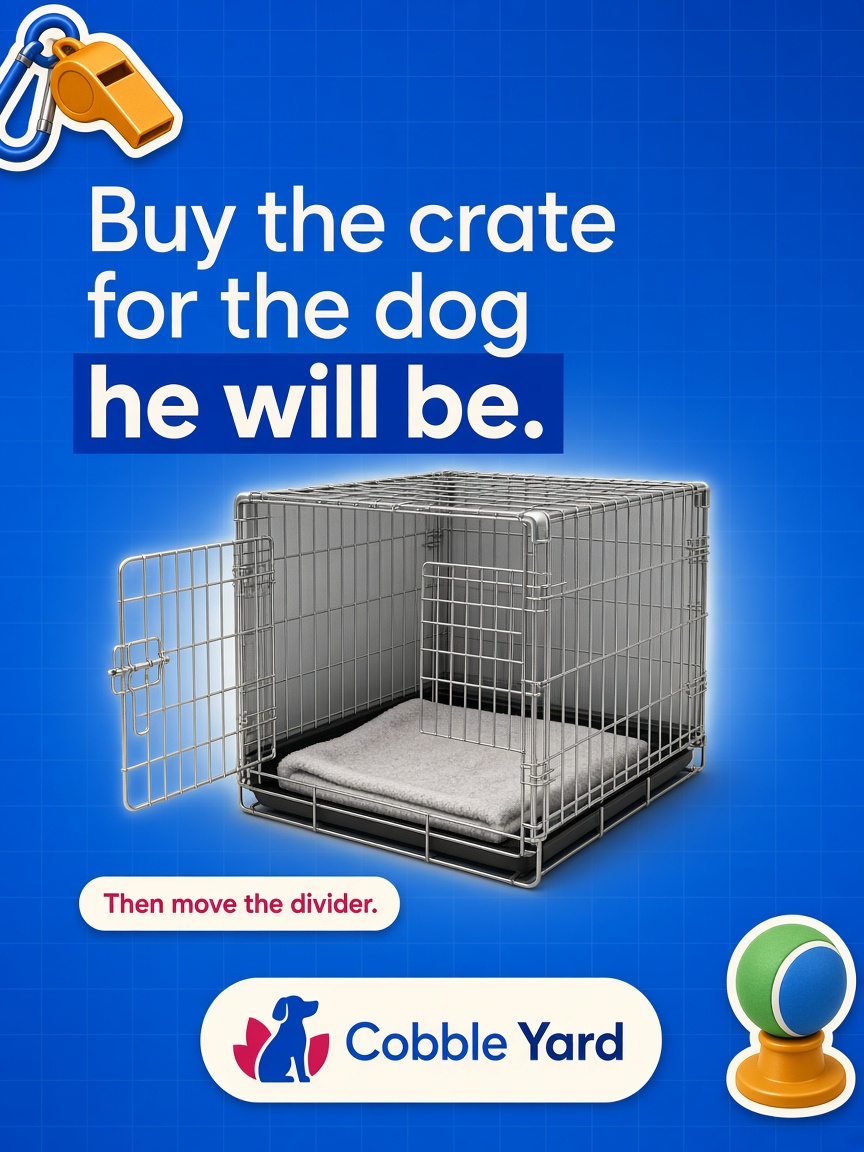 Cobble Yard post: "Buy the crate for the dog he will be.", a wire crate with the door open, a folded blanket and a divider clipped inside.