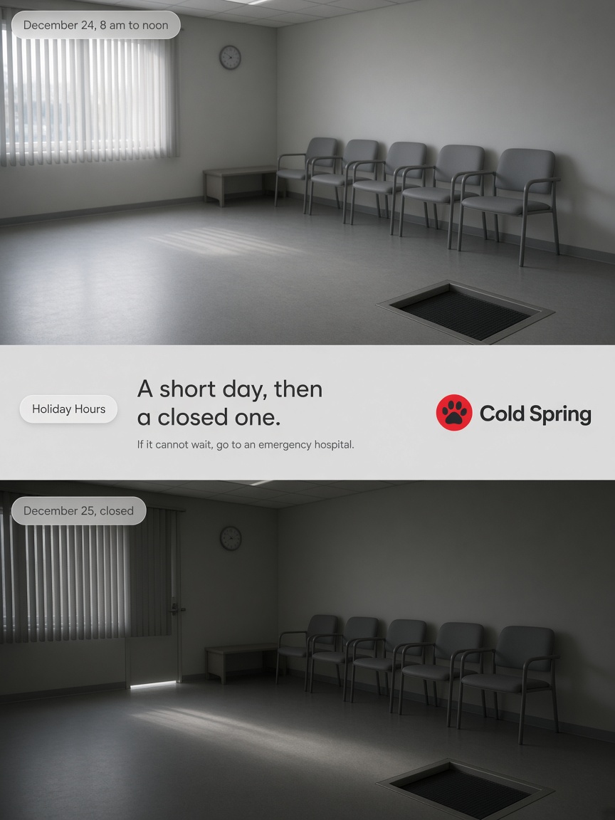 Cold Spring post: "A short day, then a closed one.", the same empty waiting room photographed lit in the morning and dark the next afternoon.