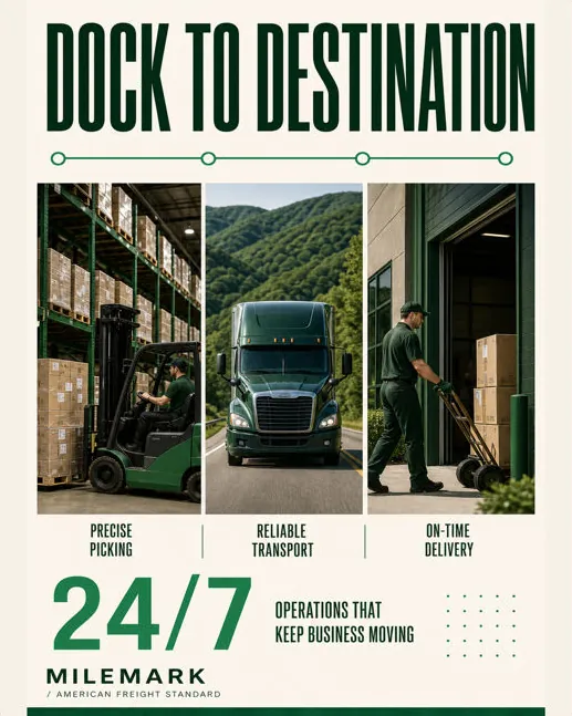Milemark: “Dock to destination, 24/7 operations”: three photos from picking to delivery.