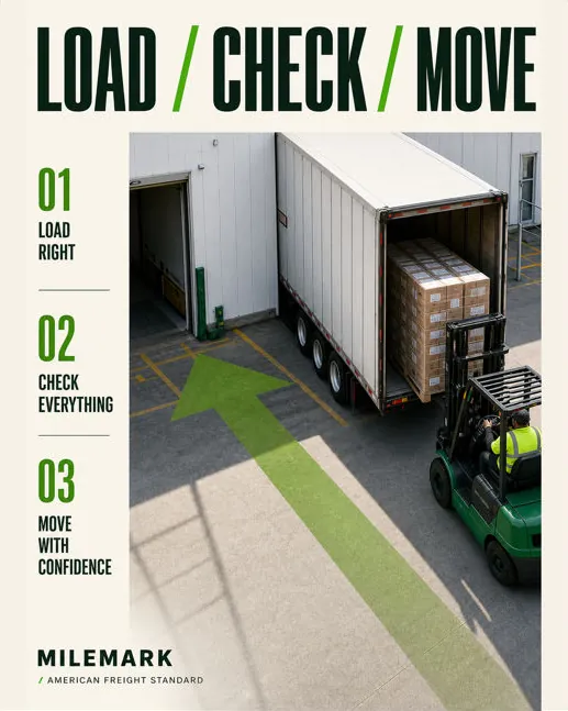Milemark: “Load / check / move”: a forklift loading a trailer, seen from above, with three numbered steps.