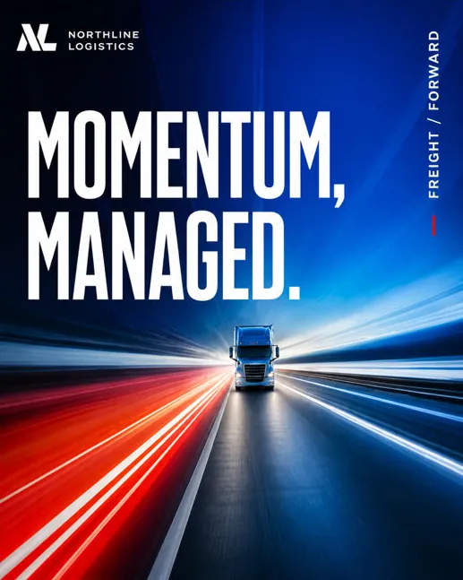 Northline Logistics: “Momentum, managed.”: a truck at night with streaking headlights.