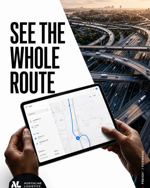Northline Logistics: “See the whole route”: hands holding a tablet with a route map over a highway interchange.