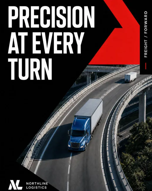 Northline Logistics: “Precision at every turn”: a truck on a curved overpass, seen from above.
