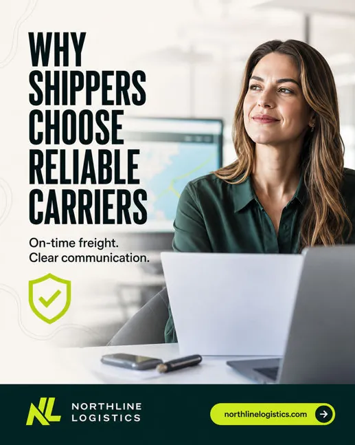 Northline Logistics: “Why shippers choose reliable carriers”: a logistics manager at a laptop.