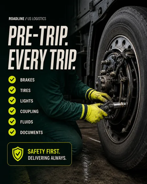 Roadline: “Pre-trip. Every trip.”: a mechanic at a wheel hub next to a safety checklist.