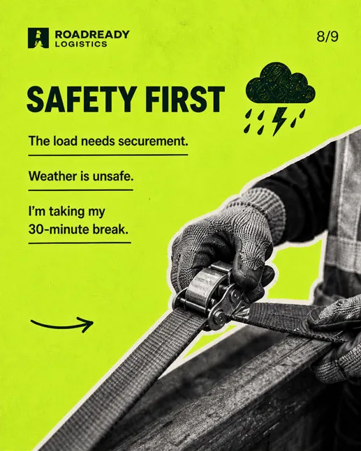 Roadready Logistics: “Safety first”: a gloved hand tightening a ratchet strap.