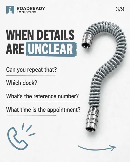 Roadready Logistics: “When details are unclear”, slate palette: a coiled air line shaped like a question mark.