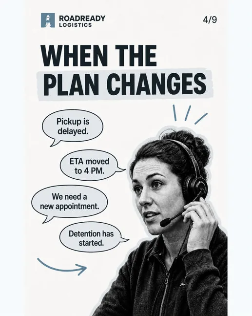 Roadready Logistics: “When the plan changes”, slate palette: a dispatcher surrounded by status updates.