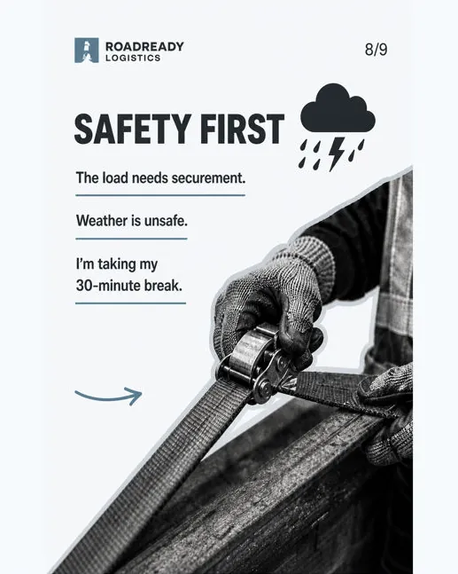 Roadready Logistics: “Safety first”, slate palette: a gloved hand tightening a ratchet strap.