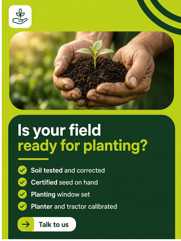 Ridgeway Farm: ‘Is your field ready for planting?’: weathered hands cupping a seedling in dark soil, over a checklist.