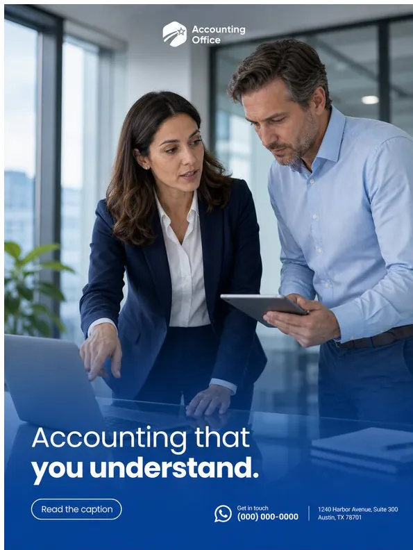 Accounting Office: ‘Accounting that you understand’: two advisors leaning over a laptop in a glass-walled office.