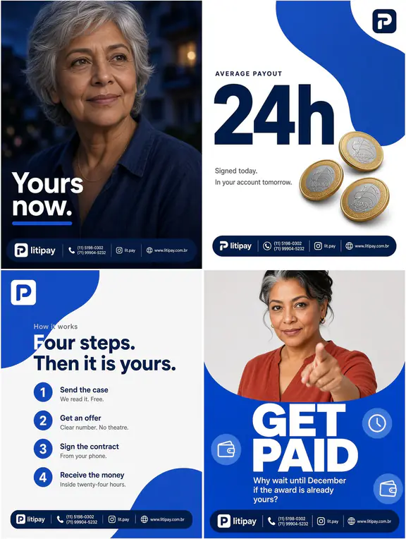 Four sample posts in a design system: royal blue with rounded blob panels.