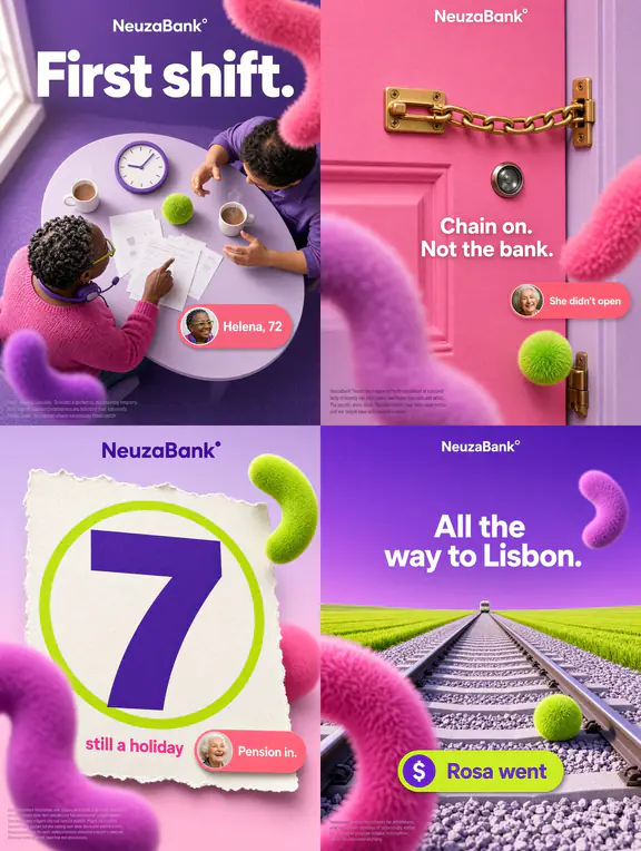 Four sample posts in a design system: hyper-saturated pop, photography on flat pink and violet.