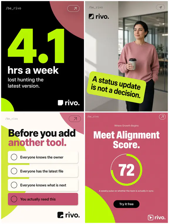 Four sample posts in a design system: hot pink and lime, tight editorial blocks.