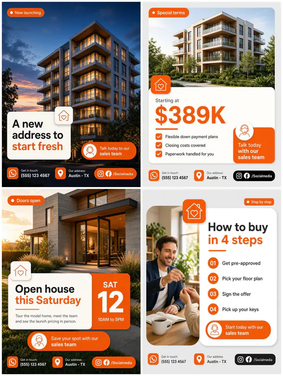 Four sample posts in a design system: orange listing panels with large photographs.