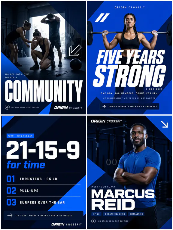 Four sample posts in a design system: deep blue with hard-edged athletic type.