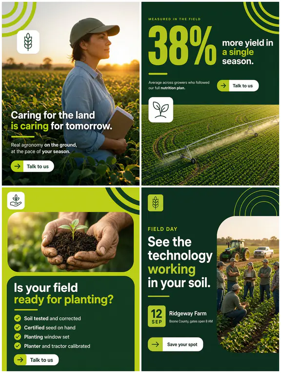 Four sample posts in a design system: deep green fields with lime accents.