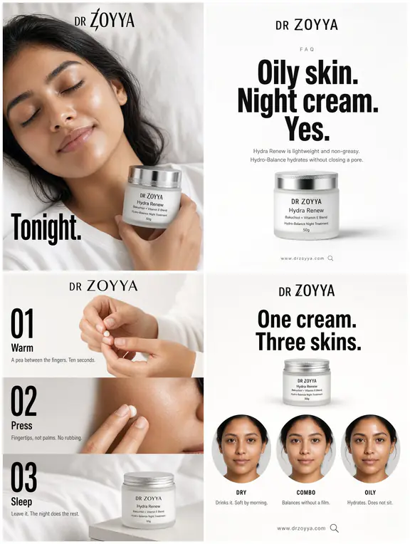 Four sample posts in a design system: near-white with an amber accent, skincare editorial.
