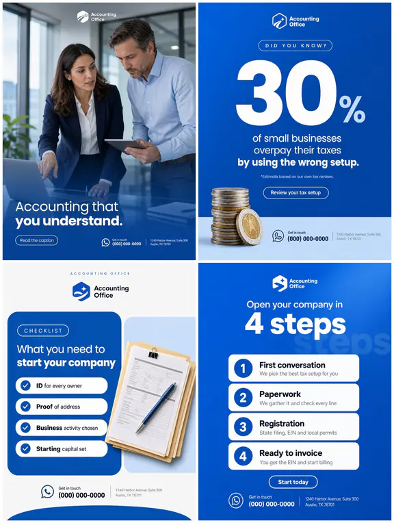 Four sample posts in a design system: corporate azure, blue panels on blue.