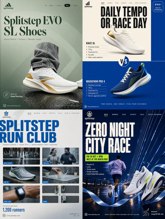 Four sample posts in a design system: grey and blue, a product page torn into a poster.