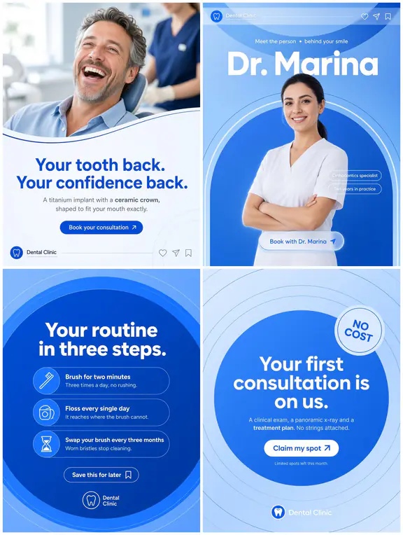 Four sample posts in a design system: clinical blue with pale blue panels.