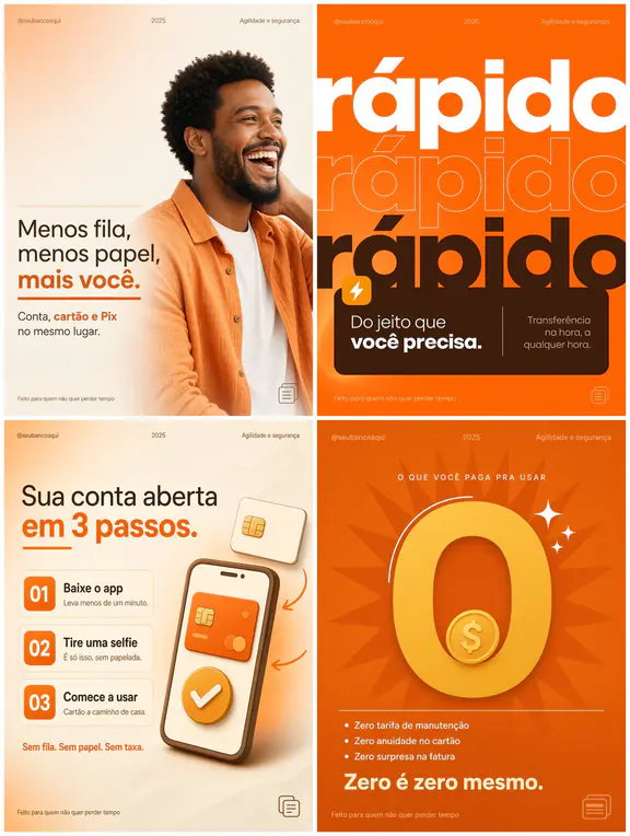 Four sample posts in a design system: a flat orange field with white type.
