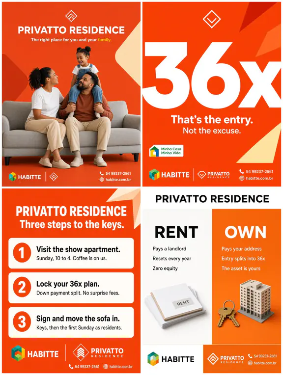Four sample posts in a design system: red and orange with very large headlines.