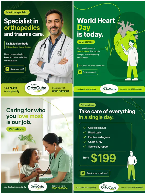 Four sample posts in a design system: deep green clinical panels.