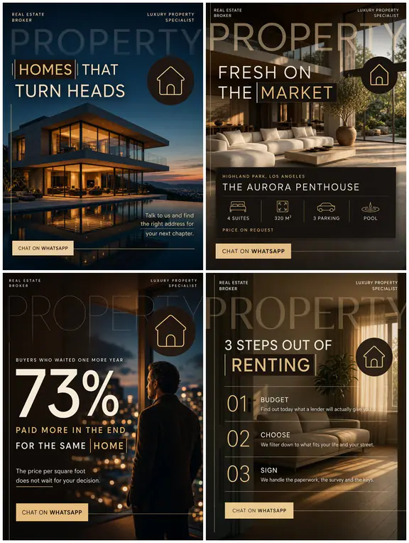 Four sample posts in a design system: burnt orange and charcoal, wide photography.