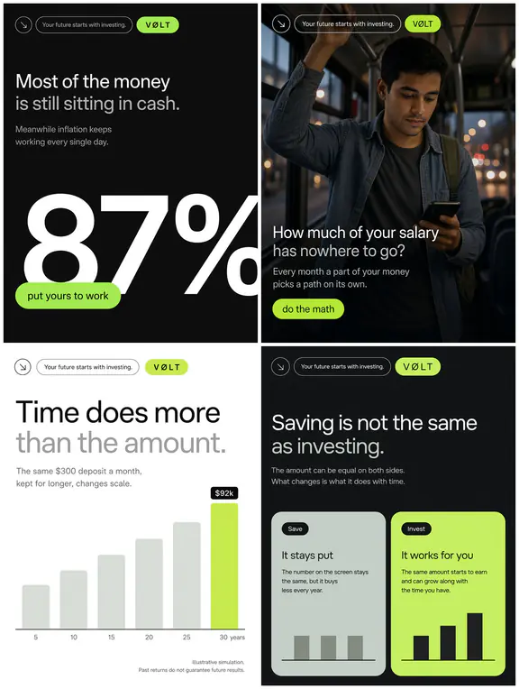 Four sample posts in a design system: charcoal and near-white, stark monochrome.