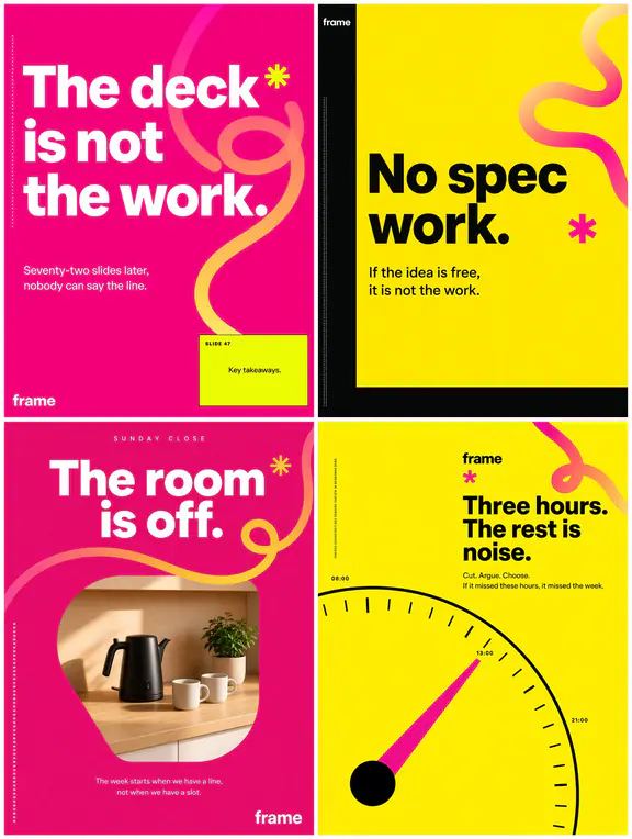 Four sample posts in a design system: yellow and pink, poster-sized type.
