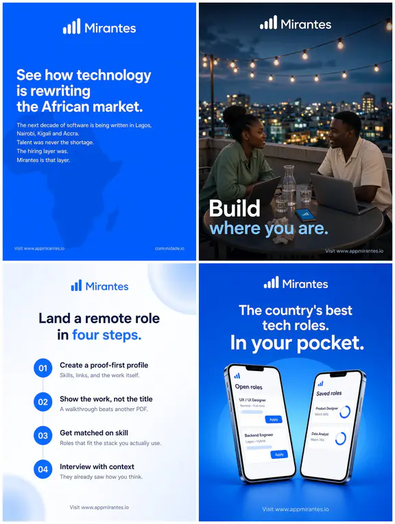 Four sample posts in a design system: flat blue with pale blue panels.