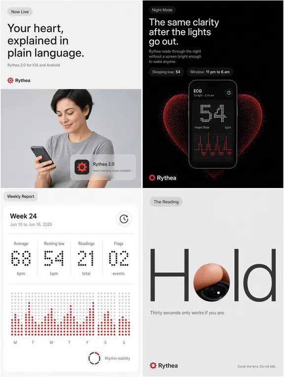 Four sample posts in a design system: near-white minimal, thin rules and small type.